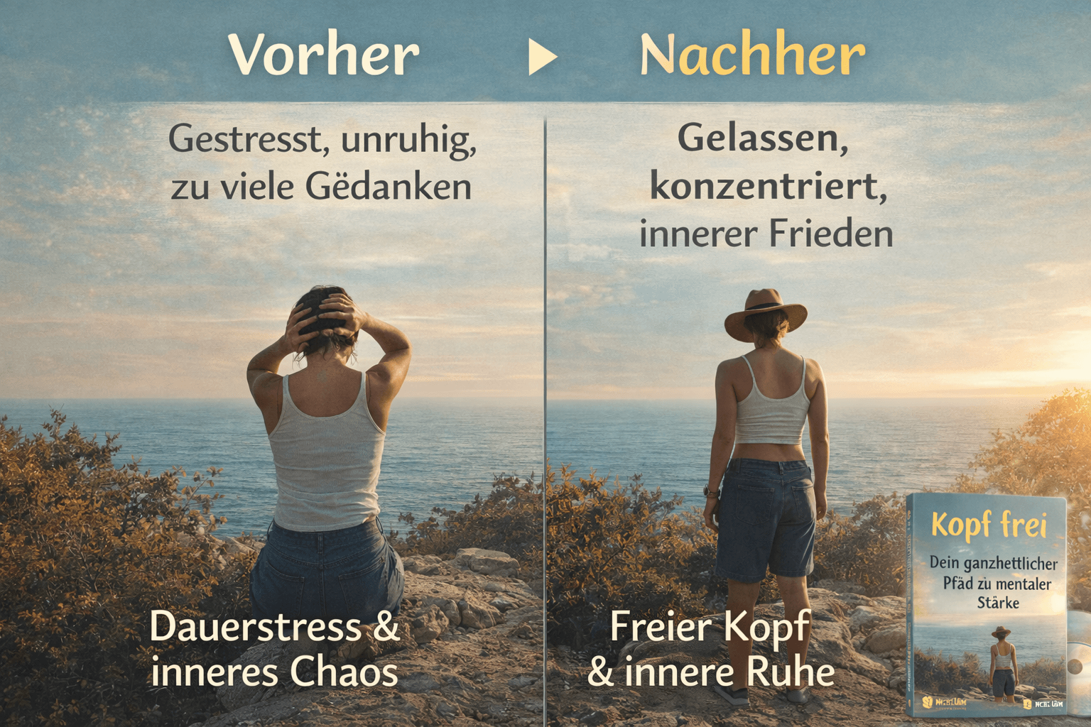 Kopf frei - Dein ganzheitlicher Pfad zu mentaler Stärke || Achtsamkeit, Meditation und natürliche Methoden gegen Stress 8 Vorher Nachher: Kopf frei und mentale Stärke