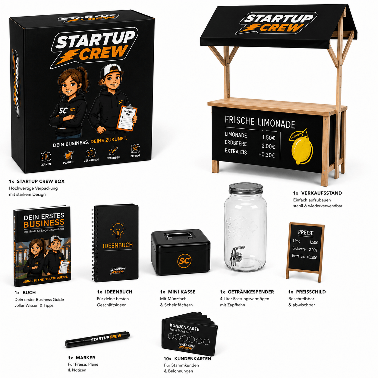STARTUP CREW Unternehmer-Set für Kinder | Dein erstes Business | Verkaufsstand & Business-Buch 12 STARTUP CREW komplettes Unternehmer Starter-Set Inhalt