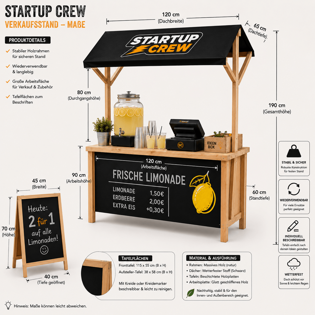 STARTUP CREW Unternehmer-Set für Kinder | Dein erstes Business | Verkaufsstand & Business-Buch 13 STARTUP CREW Verkaufsstand Maße und Ausstattung