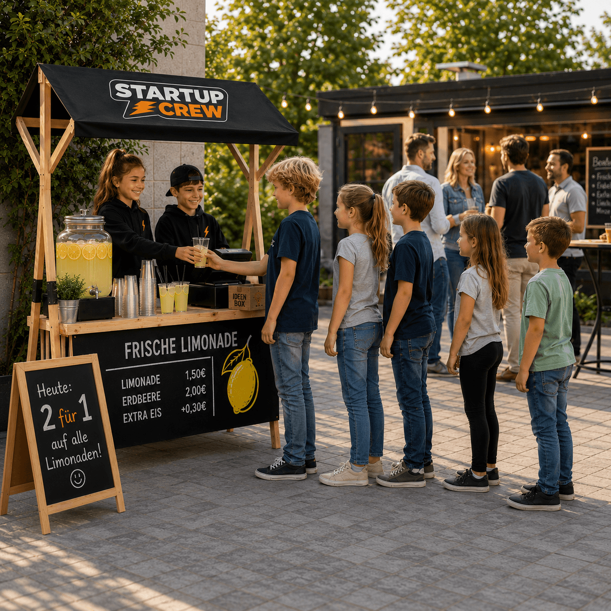 STARTUP CREW Unternehmer-Set für Kinder | Dein erstes Business | Verkaufsstand & Business-Buch 11 Kinder verkaufen Limonade am STARTUP CREW Verkaufsstand